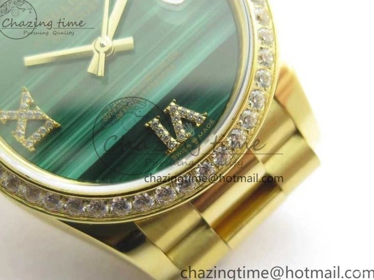 MiroTime 0408 Versatile Daydate 278288 31mm YG EWF Best Edition Green Malachite Dial Crystal Markers on YG President Bracelet ETA 2606